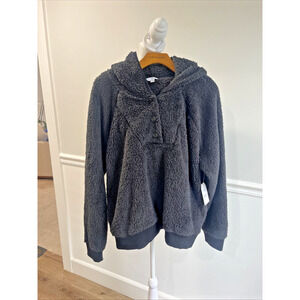 Sherpa Fleece Women XL Black Cozy Henley Hooded Sweatshirt Pull Over Button NEW